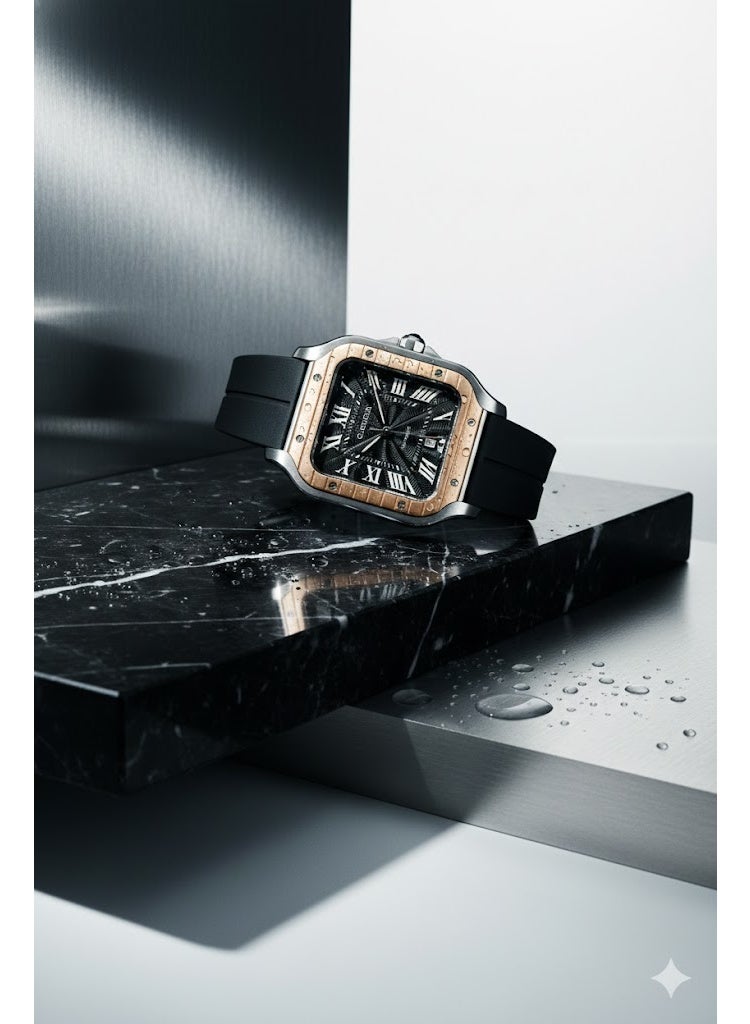 كارتييه ساعة يد رجالي فاخرة بتصميم مربع – إطار بلون ذهبي وردي مع سوار سيليكون أسود - Image 3